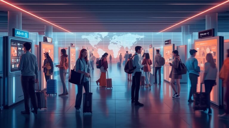 Modern airport with digital kiosks.